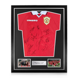 Manchester United Squad Signed Framed 1999 Treble Winners Official Prototype Home Shirt