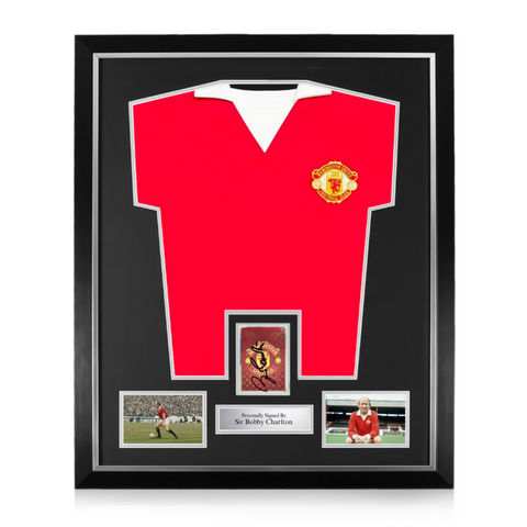 Sir Bobby Charlton Signed Framed Display w/ Manchester United 1973 Home Retro Shirt