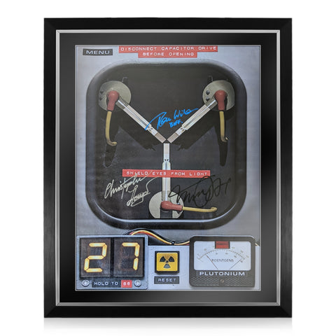Michael J Fox, Christopher Lloyd and Tom Wilson Signed Framed Back to the Future Flux Capacitor Art Print