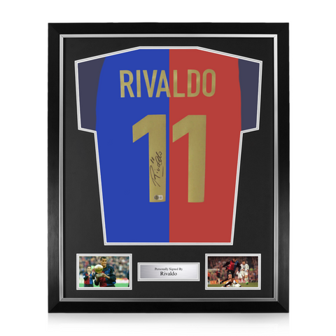 Rivaldo Signed Framed FC Barcelona Home Shirt w/ BAS Beckett Authentication